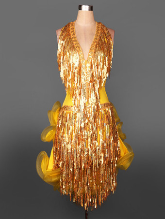 イエローダンス衣装　ラテンダンス　ラテンダンサー　女性用　シック＆モダン　大人用　バックレス　オーガンザ　パフォーマンス　無地　ドレス　