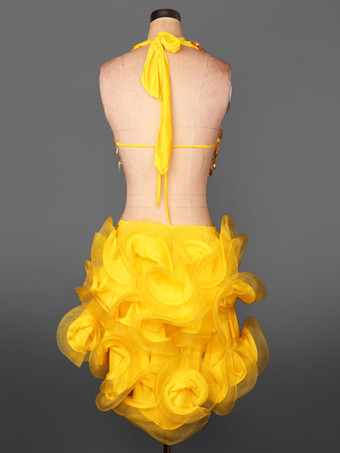 ダンス衣装　ラテンダンス　ラテンダンサー　女性用　シック＆モダン　大人用　バックレス　オーガンザ　パフォーマンス　無地　ドレス　