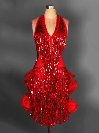 Deep V-hem Latin dance dress in red sequins with silver beaded fringe 