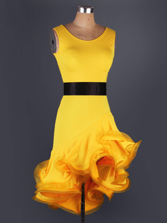 イエローラテンダンス衣装　女性用　ラテンダンサー　シック＆モダン　オーガンザ　バックレス　大人用　ドレス&サッシュベルト　