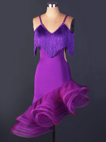 パープル ダンス衣装　ラテンダンス　ラテンダンサー　女性用　シック＆モダン　大人用　オーガンザ　無地　ドレス　