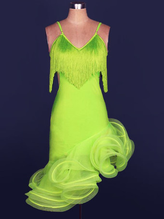 ライトグリーン ダンス衣装　ラテンダンス　ラテンダンサー　女性用　シック＆モダン　大人用　オーガンザ　無地　ドレス　