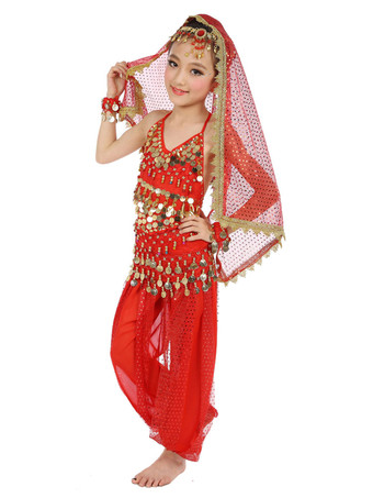 ダンス 衣装 パープル ベリーダンス衣装 キッズ用 社交ダンス衣装 グローブ 髪飾り ベール ウエストチェーン トップス パンツ 女の子用 シック＆モダン マルチカラー 調節可能ストラップ シフォン