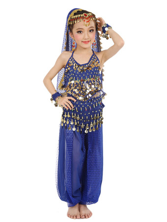 ロイヤルブルーダンス 衣装 パープル ベリーダンス衣装 キッズ用 社交ダンス衣装 グローブ 髪飾り ベール ウエストチェーン トップス パンツ 女の子用 シック＆モダン マルチカラー 調節可能ストラップ シフォン