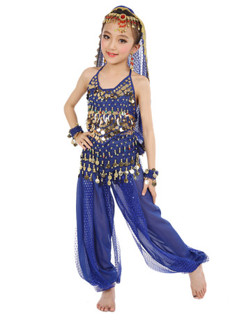 ダンス 衣装 パープル ベリーダンス衣装 キッズ用 社交ダンス衣装 グローブ 髪飾り ベール ウエストチェーン トップス パンツ 女の子用 シック＆モダン マルチカラー 調節可能ストラップ シフォン