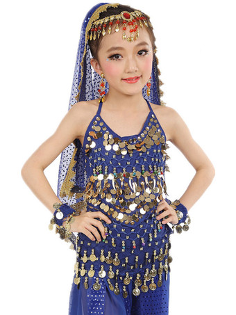 ダンス 衣装 パープル ベリーダンス衣装 キッズ用 社交ダンス衣装 グローブ 髪飾り ベール ウエストチェーン トップス パンツ 女の子用 シック＆モダン マルチカラー 調節可能ストラップ シフォン