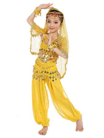 イエローダンス 衣装 パープル ベリーダンス衣装 キッズ用 社交ダンス衣装 グローブ 髪飾り ベール ウエストチェーン トップス パンツ 女の子用 シック＆モダン マルチカラー 調節可能ストラップ シフォン