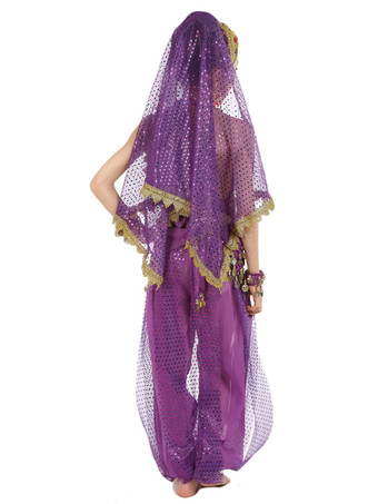 ダンス 衣装 パープル ベリーダンス衣装 キッズ用 社交ダンス衣装 グローブ 髪飾り ベール ウエストチェーン トップス パンツ 女の子用 シック＆モダン マルチカラー 調節可能ストラップ シフォン