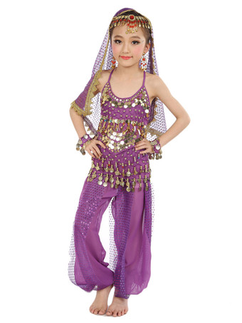 パープル ダンス 衣装 パープル ベリーダンス衣装 キッズ用 社交ダンス衣装 グローブ 髪飾り ベール ウエストチェーン トップス パンツ 女の子用 シック＆モダン マルチカラー 調節可能ストラップ シフォン