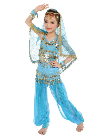 ダンス 衣装 パープル ベリーダンス衣装 キッズ用 社交ダンス衣装 グローブ 髪飾り ベール ウエストチェーン トップス パンツ 女の子用 シック＆モダン マルチカラー 調節可能ストラップ シフォン