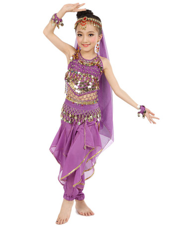 ダンス 衣装 レッド ベリーダンス衣装 キッズ用 社交ダンス衣装 グローブ 髪飾り ベール ウエストチェーン トップス パンツ 女の子用 シック＆モダン マルチカラー 調節可能ストラップ シフォン