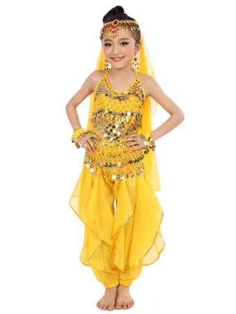イエローダンス 衣装 レッド ベリーダンス衣装 キッズ用 社交ダンス衣装 グローブ 髪飾り ベール ウエストチェーン トップス パンツ 女の子用 シック＆モダン マルチカラー 調節可能ストラップ シフォン