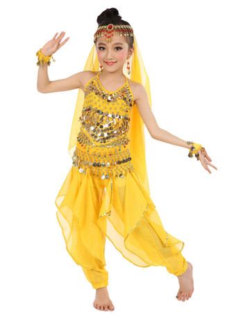 ダンス 衣装 レッド ベリーダンス衣装 キッズ用 社交ダンス衣装 グローブ 髪飾り ベール ウエストチェーン トップス パンツ 女の子用 シック＆モダン マルチカラー 調節可能ストラップ シフォン