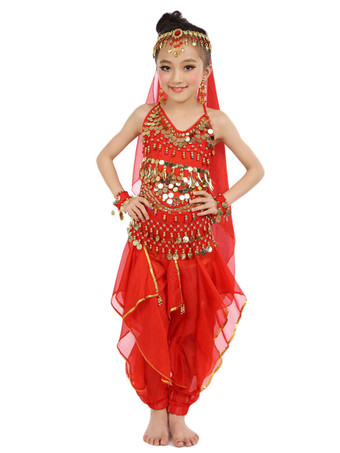 レッドダンス 衣装 レッド ベリーダンス衣装 キッズ用 社交ダンス衣装 グローブ 髪飾り ベール ウエストチェーン トップス パンツ 女の子用 シック＆モダン マルチカラー 調節可能ストラップ シフォン