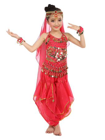 ローズレッドダンス 衣装 レッド ベリーダンス衣装 キッズ用 社交ダンス衣装 グローブ 髪飾り ベール ウエストチェーン トップス パンツ 女の子用 シック＆モダン マルチカラー 調節可能ストラップ シフォン