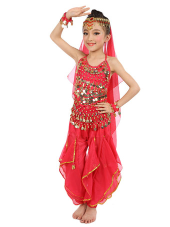 ダンス 衣装 レッド ベリーダンス衣装 キッズ用 社交ダンス衣装 グローブ 髪飾り ベール ウエストチェーン トップス パンツ 女の子用 シック＆モダン マルチカラー 調節可能ストラップ シフォン