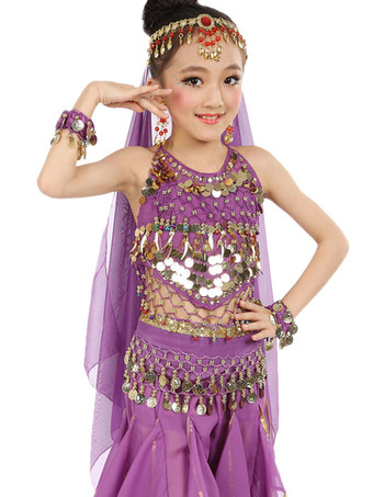 パープル ダンス 衣装 レッド ベリーダンス衣装 キッズ用 社交ダンス衣装 グローブ 髪飾り ベール ウエストチェーン トップス パンツ 女の子用 シック＆モダン マルチカラー 調節可能ストラップ シフォン