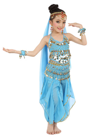 オレンジ ダンス 衣装 レッド ベリーダンス衣装 キッズ用 社交ダンス衣装 グローブ 髪飾り ベール ウエストチェーン トップス パンツ 女の子用 シック＆モダン マルチカラー 調節可能ストラップ シフォン