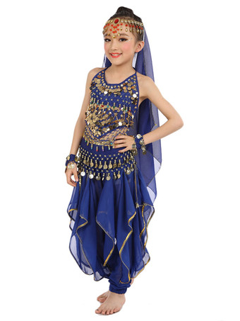 ダンス 衣装 レッド ベリーダンス衣装 キッズ用 社交ダンス衣装 グローブ 髪飾り ベール ウエストチェーン トップス パンツ 女の子用 シック＆モダン マルチカラー 調節可能ストラップ シフォン