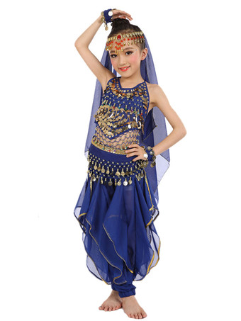 ロイヤルブルーダンス 衣装 レッド ベリーダンス衣装 キッズ用 社交ダンス衣装 グローブ 髪飾り ベール ウエストチェーン トップス パンツ 女の子用 シック＆モダン マルチカラー 調節可能ストラップ シフォン