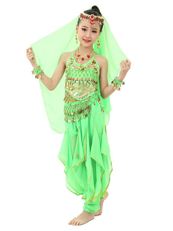 ダンス 衣装 レッド ベリーダンス衣装 キッズ用 社交ダンス衣装 グローブ 髪飾り ベール ウエストチェーン トップス パンツ 女の子用 シック＆モダン マルチカラー 調節可能ストラップ シフォン