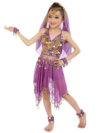 パープル ダンス 衣装 ロイヤルブルー ベリーダンス衣装 キッズ用 社交ダンス衣装 グローブ ベール トップス スカート 女の子用 シック＆モダン マルチカラー 調節可能ストラップ シフォン