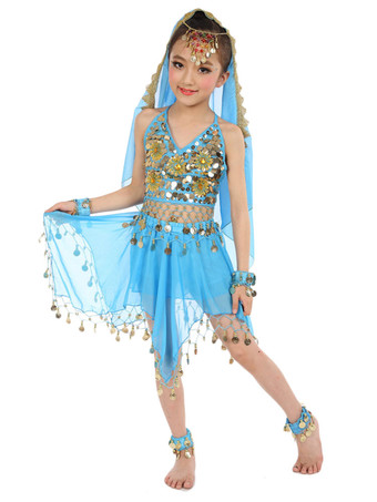 ライトスカイブルーダンス 衣装 ロイヤルブルー ベリーダンス衣装 キッズ用 社交ダンス衣装 グローブ ベール トップス スカート 女の子用 シック＆モダン マルチカラー 調節可能ストラップ シフォン