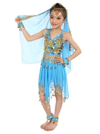 ダンス 衣装 ロイヤルブルー ベリーダンス衣装 キッズ用 社交ダンス衣装 グローブ ベール トップス スカート 女の子用 シック＆モダン マルチカラー 調節可能ストラップ シフォン