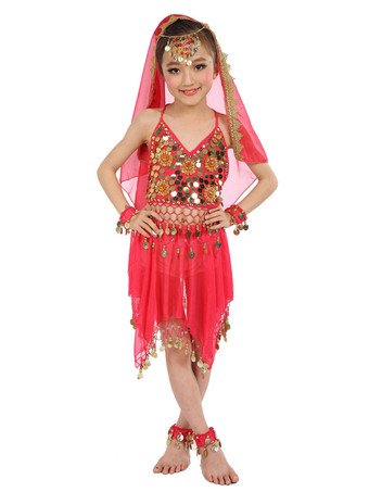 ローズレッドダンス 衣装 ロイヤルブルー ベリーダンス衣装 キッズ用 社交ダンス衣装 グローブ ベール トップス スカート 女の子用 シック＆モダン マルチカラー 調節可能ストラップ シフォン