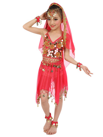 ダンス 衣装 ロイヤルブルー ベリーダンス衣装 キッズ用 社交ダンス衣装 グローブ ベール トップス スカート 女の子用 シック＆モダン マルチカラー 調節可能ストラップ シフォン