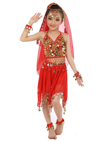 レッドダンス 衣装 ロイヤルブルー ベリーダンス衣装 キッズ用 社交ダンス衣装 グローブ ベール トップス スカート 女の子用 シック＆モダン マルチカラー 調節可能ストラップ シフォン