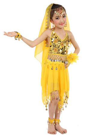 イエローダンス 衣装 ロイヤルブルー ベリーダンス衣装 キッズ用 社交ダンス衣装 グローブ ベール トップス スカート 女の子用 シック＆モダン マルチカラー 調節可能ストラップ シフォン