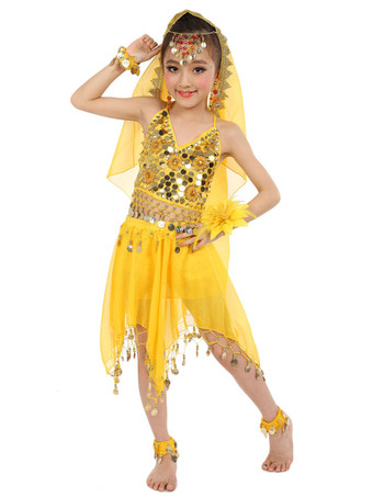 ダンス 衣装 ロイヤルブルー ベリーダンス衣装 キッズ用 社交ダンス衣装 グローブ ベール トップス スカート 女の子用 シック＆モダン マルチカラー 調節可能ストラップ シフォン