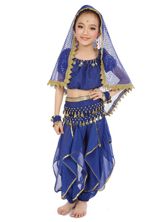 ロイヤルブルーイエロー ベリーダンス衣装 キッズ用 社交ダンス衣装 ポリエステル シフォン 女の子用 シック＆モダン パフォーマンス ベリーダンサー マルチカラー 調整可能 グローブ 髪飾り ベール トップス パンツ コスチューム