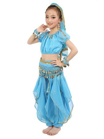 イエロー ベリーダンス衣装 キッズ用 社交ダンス衣装 ポリエステル シフォン 女の子用 シック＆モダン パフォーマンス ベリーダンサー マルチカラー 調整可能 グローブ 髪飾り ベール トップス パンツ コスチューム