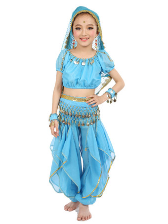 ライトスカイブルーイエロー ベリーダンス衣装 キッズ用 社交ダンス衣装 ポリエステル シフォン 女の子用 シック＆モダン パフォーマンス ベリーダンサー マルチカラー 調整可能 グローブ 髪飾り ベール トップス パンツ コスチューム