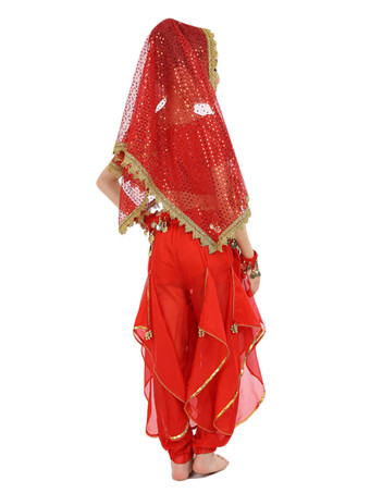 イエロー ベリーダンス衣装 キッズ用 社交ダンス衣装 ポリエステル シフォン 女の子用 シック＆モダン パフォーマンス ベリーダンサー マルチカラー 調整可能 グローブ 髪飾り ベール トップス パンツ コスチューム