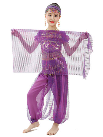 パープル ダンス 衣装 ローズレッド ベリーダンス衣装 キッズ用 社交ダンス衣装 グローブ 髪飾り ベール ウエストチェーン トップス パンツ 女の子用 シック＆モダン マルチカラー 調整可能 シフォン