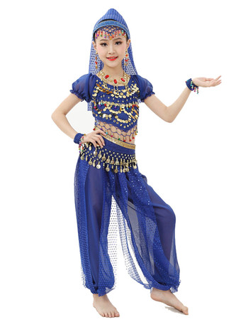 ロイヤルブルーダンス 衣装 ローズレッド ベリーダンス衣装 キッズ用 社交ダンス衣装 グローブ 髪飾り ベール ウエストチェーン トップス パンツ 女の子用 シック＆モダン マルチカラー 調整可能 シフォン