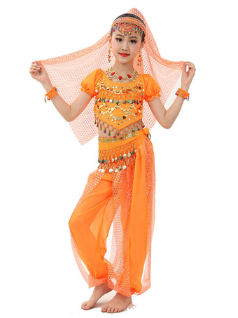 オレンジ ダンス 衣装 ローズレッド ベリーダンス衣装 キッズ用 社交ダンス衣装 グローブ 髪飾り ベール ウエストチェーン トップス パンツ 女の子用 シック＆モダン マルチカラー 調整可能 シフォン