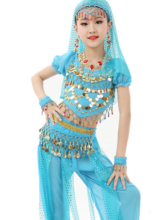 ライトスカイブルーダンス 衣装 ローズレッド ベリーダンス衣装 キッズ用 社交ダンス衣装 グローブ 髪飾り ベール ウエストチェーン トップス パンツ 女の子用 シック＆モダン マルチカラー 調整可能 シフォン