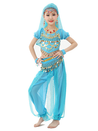 ダンス 衣装 ローズレッド ベリーダンス衣装 キッズ用 社交ダンス衣装 グローブ 髪飾り ベール ウエストチェーン トップス パンツ 女の子用 シック＆モダン マルチカラー 調整可能 シフォン