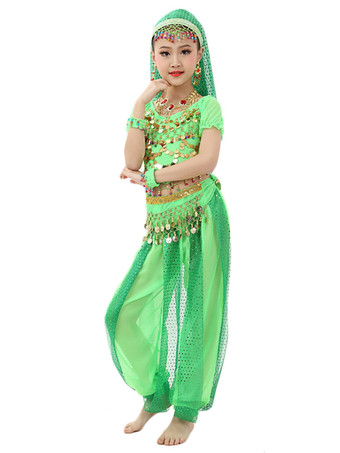 ダンス 衣装 ローズレッド ベリーダンス衣装 キッズ用 社交ダンス衣装 グローブ 髪飾り ベール ウエストチェーン トップス パンツ 女の子用 シック＆モダン マルチカラー 調整可能 シフォン