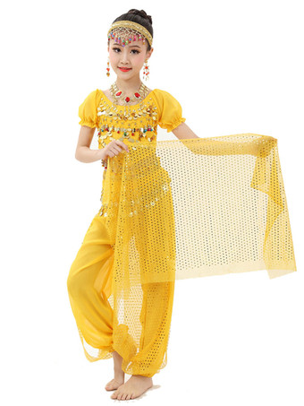 イエローダンス 衣装 ローズレッド ベリーダンス衣装 キッズ用 社交ダンス衣装 グローブ 髪飾り ベール ウエストチェーン トップス パンツ 女の子用 シック＆モダン マルチカラー 調整可能 シフォン