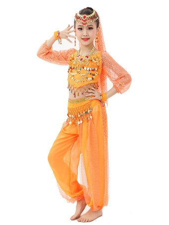 オレンジ ダンス 衣装 レッド ベリーダンス衣装 キッズ用 社交ダンス衣装 グローブ 髪飾り ウエストチェーン ベール トップス パンツ 女の子用 シック＆モダン マルチカラー 調整可能 シフォン