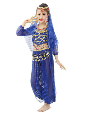 ロイヤルブルーダンス 衣装 レッド ベリーダンス衣装 キッズ用 社交ダンス衣装 グローブ 髪飾り ウエストチェーン ベール トップス パンツ 女の子用 シック＆モダン マルチカラー 調整可能 シフォン