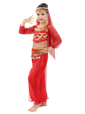 ダンス 衣装 レッド ベリーダンス衣装 キッズ用 社交ダンス衣装 グローブ 髪飾り ウエストチェーン ベール トップス パンツ 女の子用 シック＆モダン マルチカラー 調整可能 シフォン