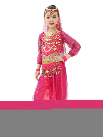 ローズレッドダンス 衣装 レッド ベリーダンス衣装 キッズ用 社交ダンス衣装 グローブ 髪飾り ウエストチェーン ベール トップス パンツ 女の子用 シック＆モダン マルチカラー 調整可能 シフォン