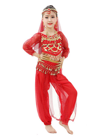 ダンス 衣装 レッド ベリーダンス衣装 キッズ用 社交ダンス衣装 グローブ 髪飾り ウエストチェーン ベール トップス パンツ 女の子用 シック＆モダン マルチカラー 調整可能 シフォン