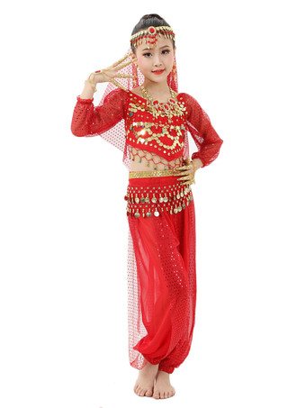 ダンス 衣装 レッド ベリーダンス衣装 キッズ用 社交ダンス衣装 グローブ 髪飾り ウエストチェーン ベール トップス パンツ 女の子用 シック＆モダン マルチカラー 調整可能 シフォン